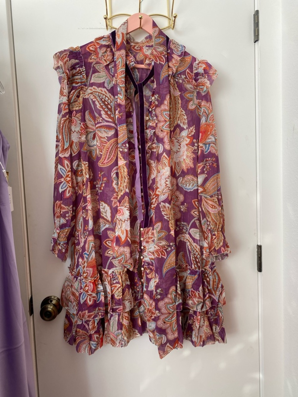 💜 Purple Paisley Floral Ruffle Boho Tunic Dress NWOT